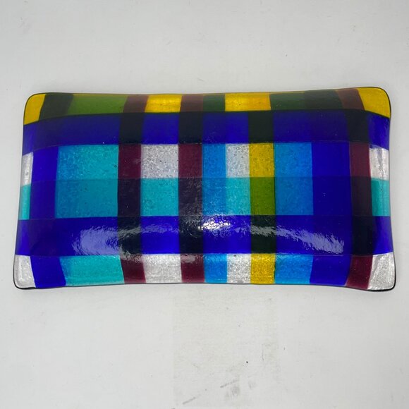 Fused Art Glass Trinket Tray Blue Yellow Check Design 7.5" X 4" - Picture 5 of 8